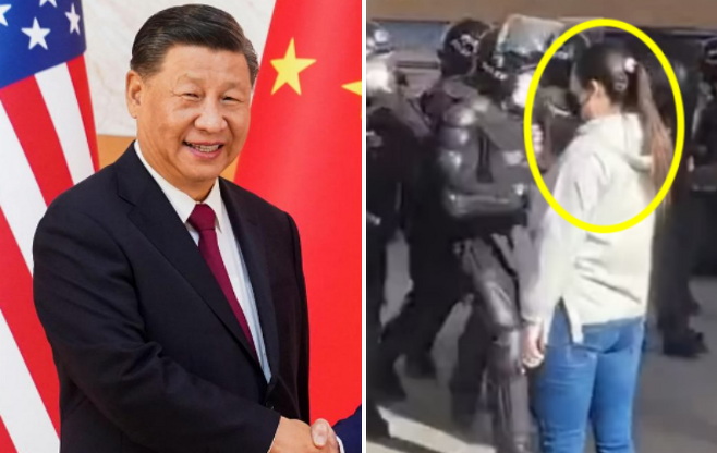 시진핑 중국 국가 주석(왼쪽), 중국 현지시간으로 27일 제로코로나 반대 시위에서 혈혈단신 무장 경찰을 막아선 중국 여성(오른쪽)