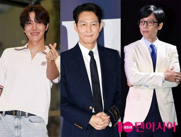 방탄소년단 제이홉, 배우 이정재, 방송인 유재석. / 사진=텐아시아DB