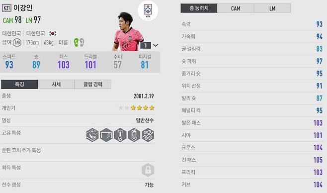 22KFA 이강인 인게임 능력치