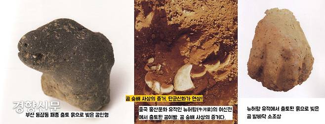 동삼동 출토 곰(熊) 모양의 흙인형. 이 유물은 기원전 4500~기원전 3500년 문화층에서 확인됐다. 동시기 중국 훙산문화(紅山文化·기원전 4500~기원전 3000년) 유적지인 중국 뉴허량(牛河梁)의 여신전에서 발굴된 곰이빨, 흙으로 만든 곰 소조상 등과 흡사하다. |동삼동패총전시관 제공