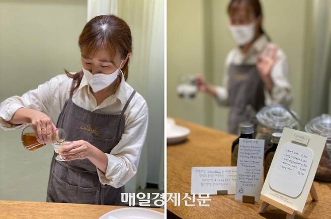 김정아 카카오 패밀리 대표가 직접 진행하는 카카오 음료 시음 체험 / 사진=홍지연 여행+ 기자