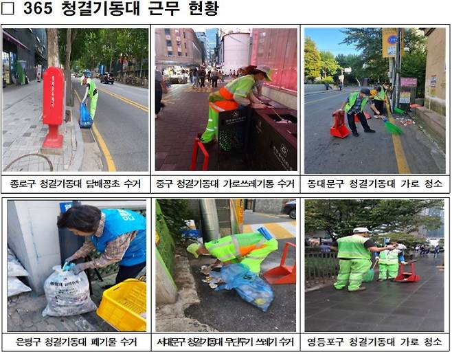 지난 10월 서울시의 '청결기동대 9월 모니터링 결과' 문서에 공개된 근무 현황 사진. 서울정보소통광장 홈페이지 캡처