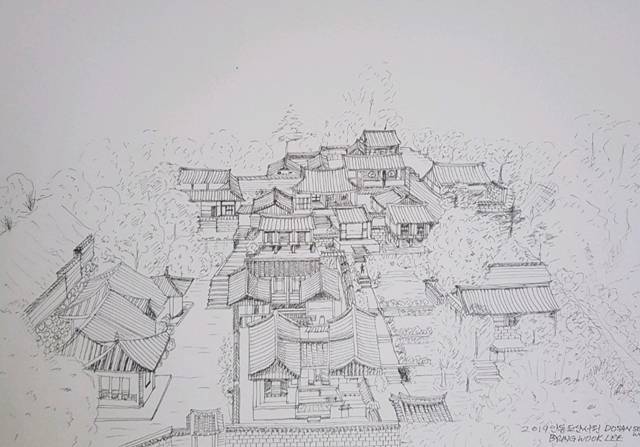 이병욱 박사의 작품 <안동의 도산서원> 24X32cm Rotring pen on  paper 2019