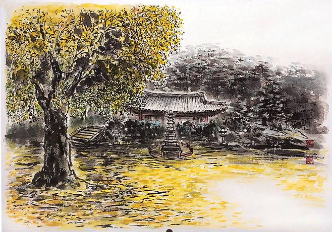 동양화가 박진순 화백의 '묘적사의 가을'.