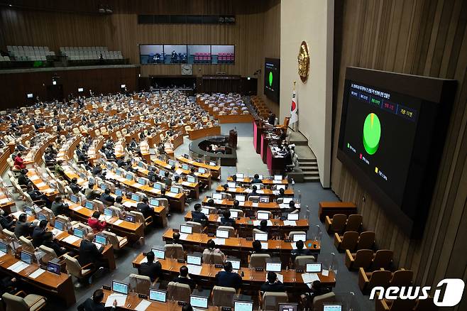 8일 서울 여의도 국회에서 열린 제400회 국회(정기회) 제14차 본회의에서 경상북도와 대구광역시 간 관할구역 변경에 관한 법률안이 찬성 218인, 반대 2인 기권 13인으로 가결되고 있다. 2022.12.8/뉴스1 ⓒ News1 이재명 기자