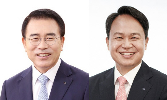 신한금융 조용병(왼쪽) 회장이 용퇴를 결정하면서 진옥동(오른쪽) 신한은행장이 새 수장 후보가 됐다. 연합뉴스