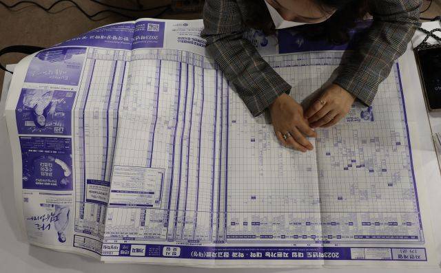 학부모들이 지난달 20일 서울 강남대성학원에서 열린 수능 가채점 및 입시설명회에서 배치표를 살펴보고 있다. 연합뉴스