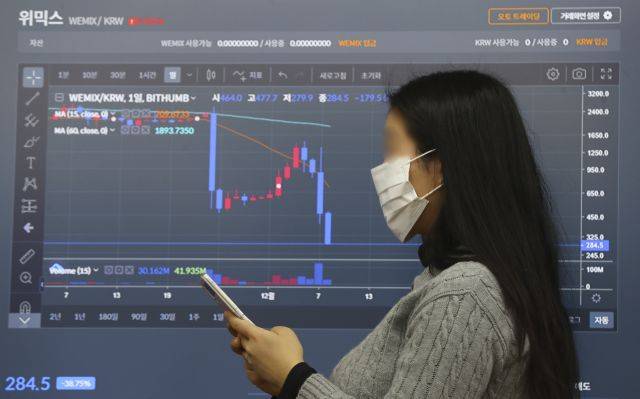암호화폐 위믹스 가격 차트가 8일 국내 거래소 빗썸의 서울 서초구 고객센터 전광판에 표시되고 있다. 위믹스는 이날 오후 3시 빗썸을 포함한 국내 거래소에서 상장폐지 됐다. 뉴시스