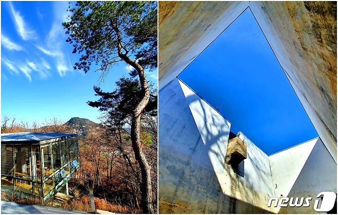 숲속 쉼터와 윤동주 문학관. <왼쪽> 인왕산 숲속에서 편안하게 쉴 수 있는 ‘숲속 쉼터’. <오른쪽> 윤동주문학관의 내부 통로에서 하늘을 향해 찍은 사진. 낮에는 새파란 하늘이지만, 밤에는 ‘별 헤는 밤’이 있을 거라는 상상을 해본다.