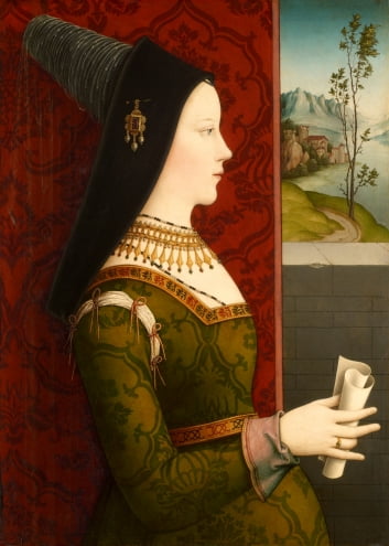 1500년경 니클라스 라이저가 그린 마리 드 부르고뉴의 초상화. 부르고뉴 공국의 유일한 상속녀로, '황금의 신부'라는 별명으로 불렸다. 아름답고 똑똑하며 막시밀리안을 진심으로 사랑했다. 젊은 나이에 안타깝게 요절했지만, 그녀와 막시밀리안의 후손들은 전 유럽을 석권했다.