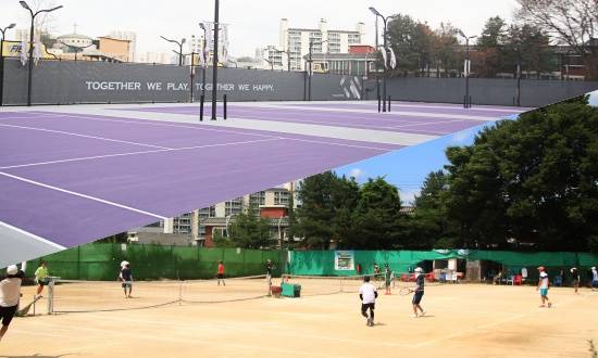 새롭게 탄생한 용마테니스장(아래 기존 테니스장, 위 리모델링 후)
