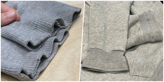 옷을 수선하기 전후. 낡아서 해진 소매가 깔끔하게 바뀌었다.