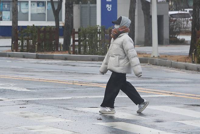 13일 오전 대전 서구 둔산동에서 한 시민이 횡단보도를 건너고 있다. 연합뉴스