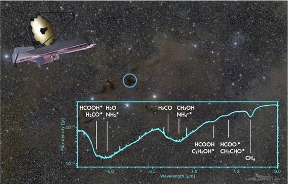 (그림1) Lupus I 성간구름에서 태어나고 있는 원시별에서 제임스 웹 우주망원경에 의해 관측된 얼음 분자 스펙트럼. 다양한 유기분자의 흡수선이 관측되었다. 이미지의 가운데 파란색 동그라미가 태아별 IRAS15398-3359가 두꺼운 물질에 묻혀있는 위치를 표시하고 있다. [서울대학교 제공. 재판매 및 DB 금지]