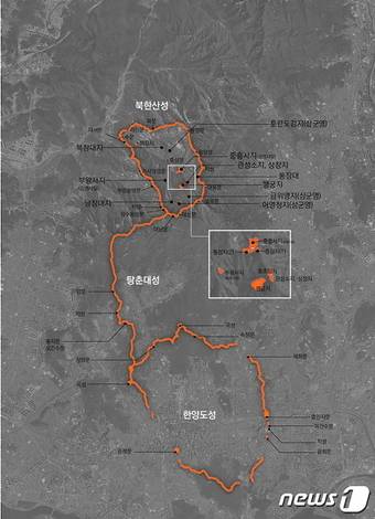문화재청이 우선등재목록으로 선정한 한양도성과 북한산성, 탕춘대성 구역도. (고양시청 제공)