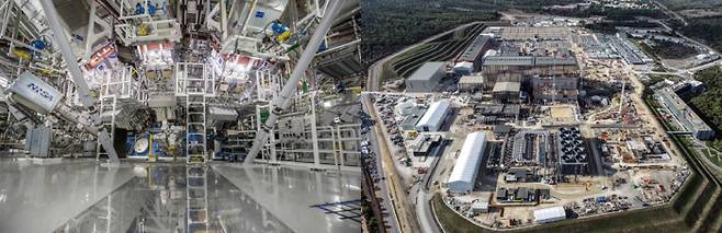 최근 레이저를 이용해 핵융합을 일으켜 ‘점화’ 현상 구현에 성공한 미국 로런스 리버모어 국립연구소의 실험 장치(왼쪽 사진). 올해 4월 프랑스 카다라슈에서 촬영된 국제핵융합실험로(ITER) 건설 현장. 로런스 리버모어 국립연구소·ITER 제공