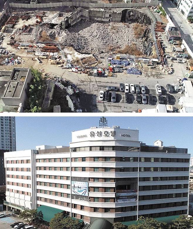 리베라호텔 헐리고, 107년 전통 유성호텔도 문닫는다 - 대전 유성 온천 관광특구의 관광호텔들이 잇따라 문을 닫으면서 쇠락 위기를 맞고 있다. 2018년 폐업한 5성급 리베라호텔은 철거 후 주상복합 아파트 건설이 추진 중이고(위 사진), 107년 역사를 지닌 유성호텔(아래 사진)은 2024년 3월까지만 영업을 예고한 상태다. /신현종 기자