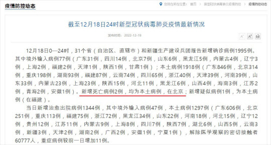 중국 국가위생건강위원회(위건위)가 19일 발표한 지난 18일 코로나19 신규확진 및 신규 사망자 현황 자료. 이날 자료에서 신규 사망자는 베이징에서 발생한 2명(빨간선 부분)이라고 적시돼 있다. 중국 위건위 홈페이지 캡처