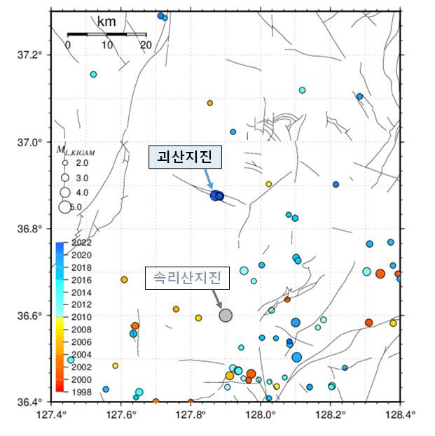 괴산지진 진앙 주변 지진 발생 현황.(자료=한국지질자원연구원)