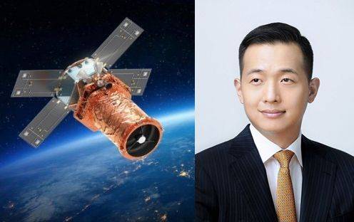 쎄트렉아이의 저궤도 지구관측위성(왼쪽)과 스페이스 허브 팀장을 맡고 있는 김동관 한화솔루션 부회장./쎄트렉아이, 한화 제공