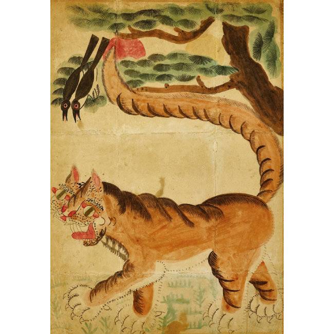 무신호작도(巫神虎鵲圖) | 20세기&nbsp;초. 지본&nbsp;채색.&nbsp;102 x 72㎝ 호랑이&nbsp;두상이&nbsp;우스꽝스럽게&nbsp;표현돼&nbsp;해학적인&nbsp;맛을&nbsp;풍긴다.