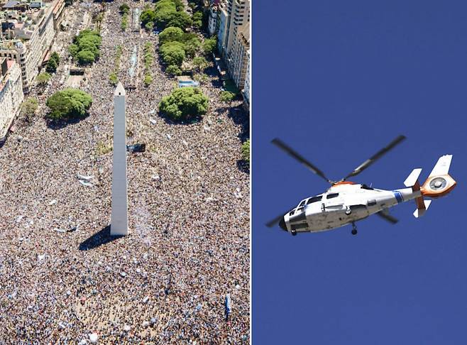 아르헨티나 축구 국가대표팀의 카타르 월드컵 우승을 축하하기 위해 20일(현지시간) 부에노스 아이레스 오벨리스크 광장에 모인 구름 인파(왼쪽). 400만명이 운집해 결국 대표팀의 퍼레이드는 취소됐으며 헬기로 광장 위를 나는 것으로 대신했다.[게티이미지]