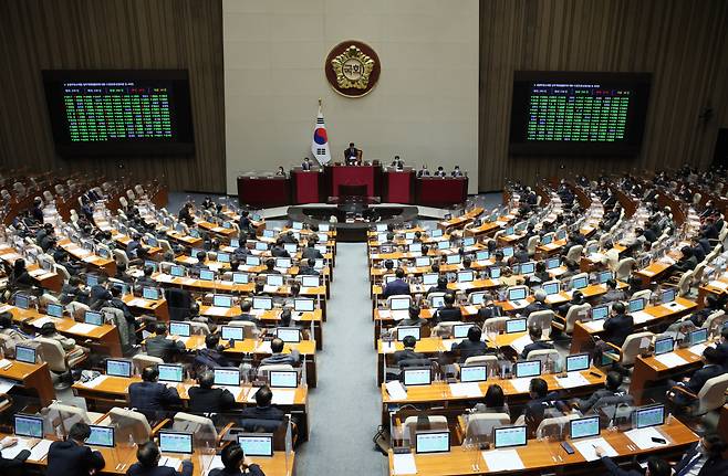 23일 오후 국회 본회의에서 종합부동산세법 일부개정법률안에 대한 수정안이 통과되고 있다. [연합]