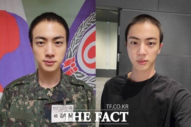 軍服を着た訓練兵陣（左）と入隊前の頭を削って切抜いた姿のBTS陣。 入隊前より頭がやや長く、印象ももう少しダブな姿を見せている。 陸軍5師団新兵教育隊は23日、ジンの姿を公開した。