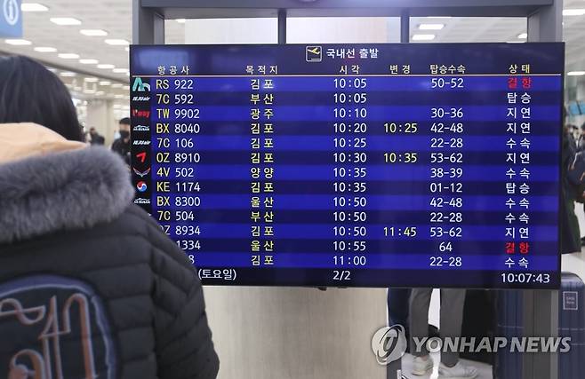 운항 재개된 제주공항 (제주=연합뉴스) 전지혜 기자 = 대설과 강풍으로 마비됐던 제주공항 항공편 운항이 재개된 24일 제주국제공항 운항 현황판이 항공편 결항·지연을 알리고 있다. 2022.12.24 atoz@yna.co.kr