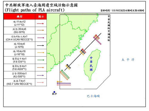 25일 대만해협 주변 중국 군용기 이동경로