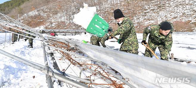 [담양=뉴시스] 변재훈 기자 = 육군 제11공수특전여단 부대원들이 27일 전남 담양군 가사문학면 구산리 포도 재배 하우스에서 폭설 피해로 주저 앉은 시설물 주변에서 눈을 치우고 있다. 지난 22일부터 24일 사이 담양에서는 최고 25.9cm의 눈이 쌓여 농작 시설·축사 피해 등이 잇따랐다.  2022.12.27. wisdom21@newsis.com