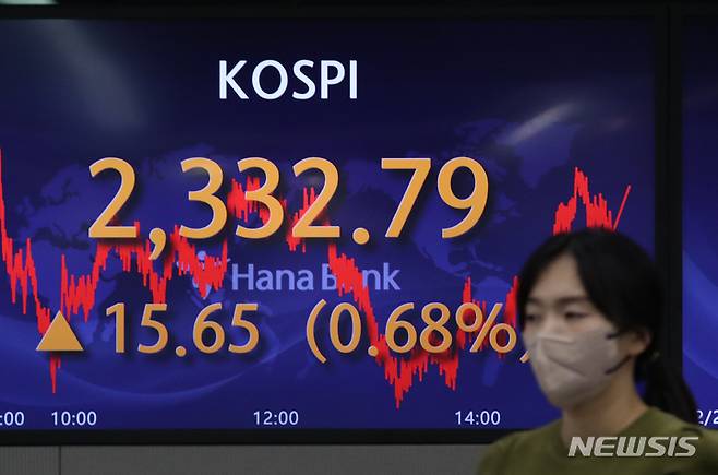 [서울=뉴시스] 고승민 기자 = 코스피가 전 거래일(2317.14)보다 15.65포인트(0.68%) 오른 2332.79에 장을 마친 27일 서울 중구 하나은행 딜링룸에서 딜러들이 업무를 보고 있다. 코스닥지수는 전 거래일(694.68)보다 9.51포인트(1.37%) 상승한 704.19에 거래를 종료했다. 서울 외환시장에서 원·달러 환율은 전 거래일(1274.8원)보다 3.4원 내린 1271.4원에 마감했다. 2022.12.27. kkssmm99@newsis.com