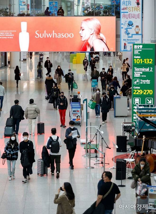 인천공항 하루 이용객이 코로나19 사태 이후 처음으로 12만 명을 넘은 것으로 집계된 22일 인천공항 제1여객터미널 면세구역을 찾은 여행객들로 붐비고 있다./영종도=강진형 기자aymsdream@