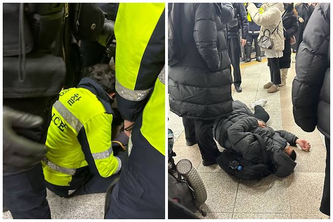 (좌)2일 전장연 회원의 휠체어 바퀴에 발이 밟혀 넘어진 경찰. (우)서울교통공사직원과 대치 중에 밀려 넘어진 전장연 회원. /사진=김창현 기자