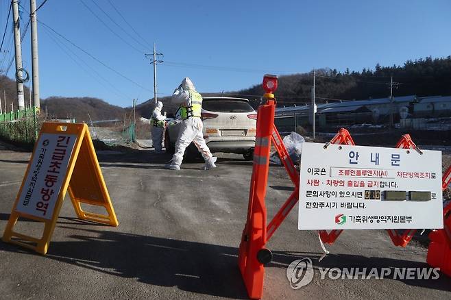 연천 산란계 농장에서 AI 항원 검출 (연천=연합뉴스) 임병식 기자 = 3일 경기도 연천군 군남면의 산란계 농장에서 방역당국 관계자들이 출입을 통제하고 있다. 
    경기도는 지난 2일 이곳에서 조류인플루엔자(AI) H5형 항원이 검출됐다고 밝혔다. 2023.1.3 andphotodo@yna.co.kr