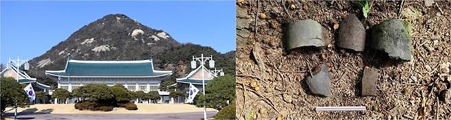 문화재청 궁능유적본부 용역의뢰로 한국건축역사학회 등이 실시한 ‘경복궁 후원 기초조사 연구’ 결과 청와대 경내에서 고려~조선시대 기와와 도기 조각 등이 발견됐다. 사진은 청와대 본관(왼쪽)과 청와대 경내에서 발견된 기와 조각들. 경향신문 자료사진, 문화재청 제공