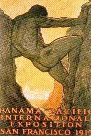 1915년 샌프란시스코박람회 포스터로 바다 넘어 박람회장이 이상향처럼 빛나고 있다.