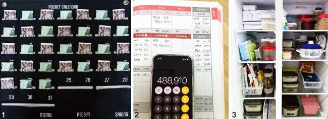 1 1만 원권과 온누리상품권이 꽂아진 실비달력. 2 안선우 씨의 일주일 가계부. 3 한눈에 볼 수 있도록 정리된 냉장고.