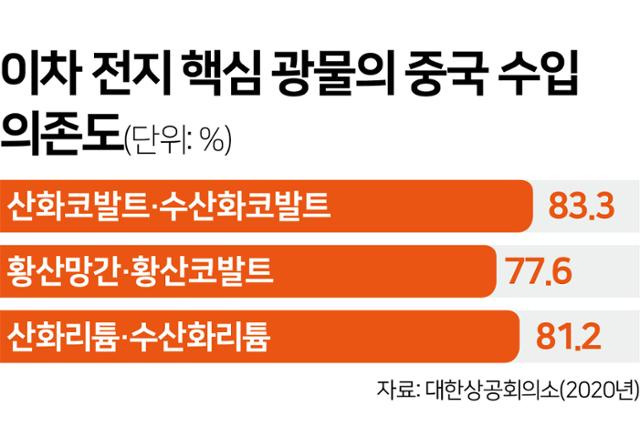 이차 전지 핵심 광물의 중국 수입 의존도. 대부분의 핵심 광물에서 중국 수입산이 차지하는 비중이 압도적인 것으로 나타났다.