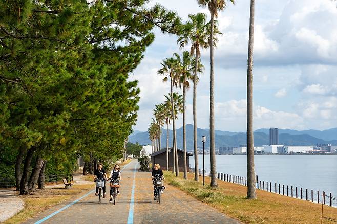 자전거를 타고 우미노나카미치 해변 공원을 달리는 외국인 여행자들. 2차 세계대전 당시 일본 해군의 기지가 있던 우미노나카미치는 후쿠오카현에서 가장 큰 공원이다.