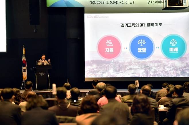 [수원=뉴시스] 임태희 경기도교육감이 6일 제주도에서 열린 ‘2023 전국교육장협의회 동계 워크숍’에 참석해 ‘경기 미래교육의 방향’을 주제로 특강을 하고 있다. (사진=경기도교육청 제공) 2023.01.06. photo@newsis.com *재판매 및 DB 금지