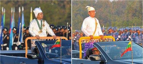 2015년 테인 세인 대통령(오른쪽)과 비교된 2023년 독립기념일 민 아웅 흘라잉 총사령관의 열병식 복장. [이라와디 홈페이지 캡처. 재판매 및 DB 금지]