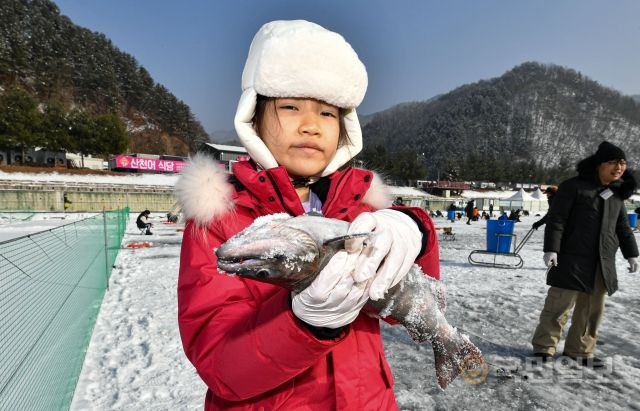 8일 강원도 화천군에서 개막 이틀째를 맞은 '2023 얼음나라 화천산천어축제'(산천어축제)에서 관광객들이 산천어 낚시를 즐기고 있다.