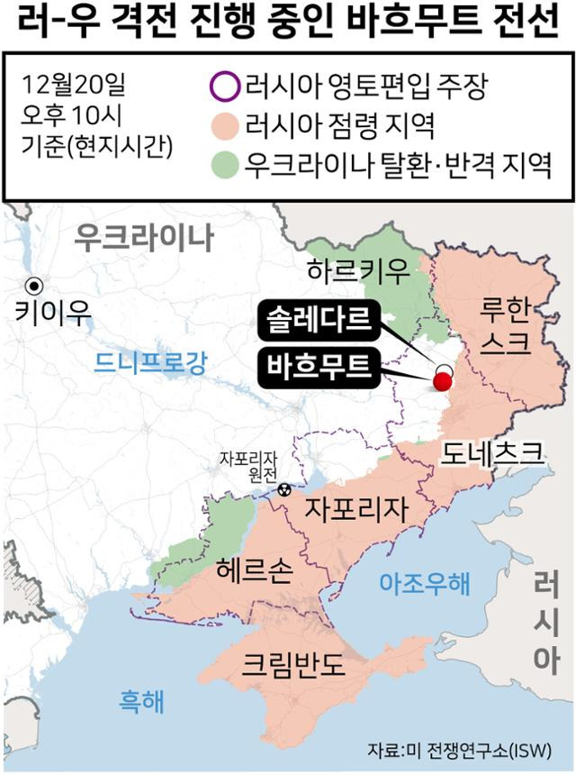 러시아와 우크라이나간 격전이 진행 중인 바흐무트 전선. 그래픽=강준구 기자