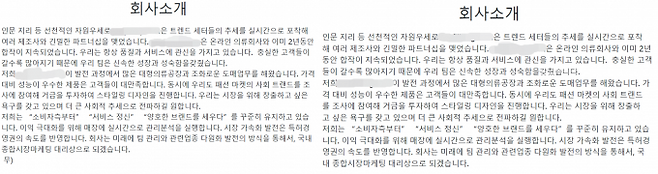 각 사이트에서 발췌한 회사소개 문구. 모자이크 처리된 URL을 제외한 내용이 거의 일치한다.&nbsp;
