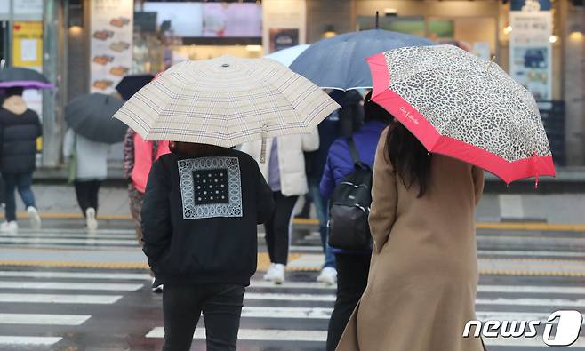 제주시 이도2동의 한 횡단보도에서 우산을 쓴 시민들이 발걸음을 옮기고 있다.ⓒ News1 오현지 기자