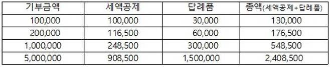 기부금별 세액공제 및 답례품 포인트 적립 안내. 출처=행정안전부