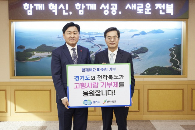 ▲김동연 경기도지사(오른쪽)와 김관영 전북도지사가 고향사랑 기부제 응원 피켓을 들고 기념사진을 찍고 있다. ⓒ경기도