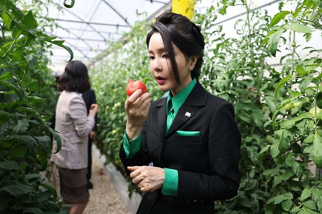 윤석열 대통령 부인 김건희 여사가 17일(현지시간) 두바이 현지의 스마트팜 진출 기업인 아그로테크를 방문해 재배 중인 토마토를 시식하고 있다. /사진=뉴시스