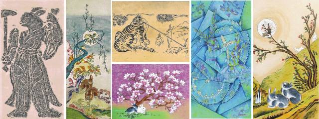 ▲ 왼쪽부터 원주 고판화박물관이 소장하고 있는 김유신장군묘 12지신 토끼 탁본,  화조도 속 ‘달과 토끼’ 다색 목판화, 토기와 호랑이 석판화 모습. 이어영월 조선민화박물관에서 전시하는 유순덕 작 ‘4월의 조우(가운데 아래)’, 서민자 작 ‘시간여행’, 신동옥 작 ‘마실’ .